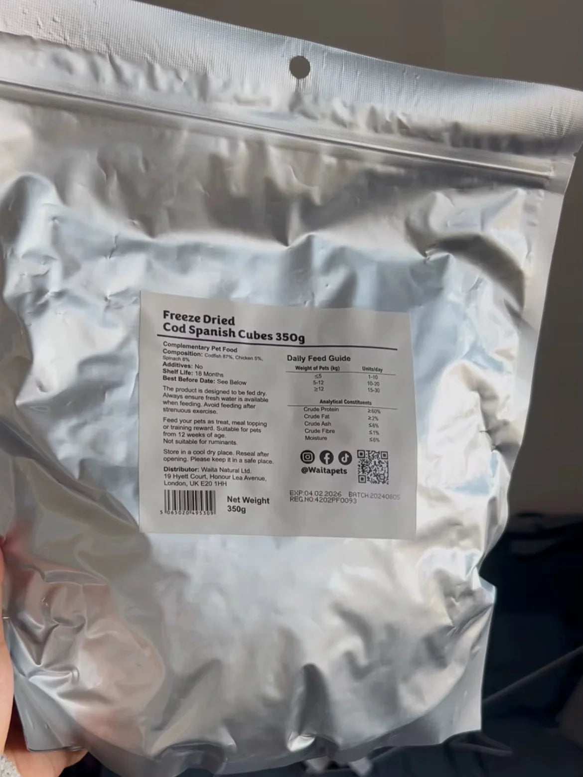 Waita Freeze Dried Cod&Spinach Cubes 250g Premium Pet Treats Cat Dog High Protein Nutrient Dense Skin Coat Rich Vitamins Minera