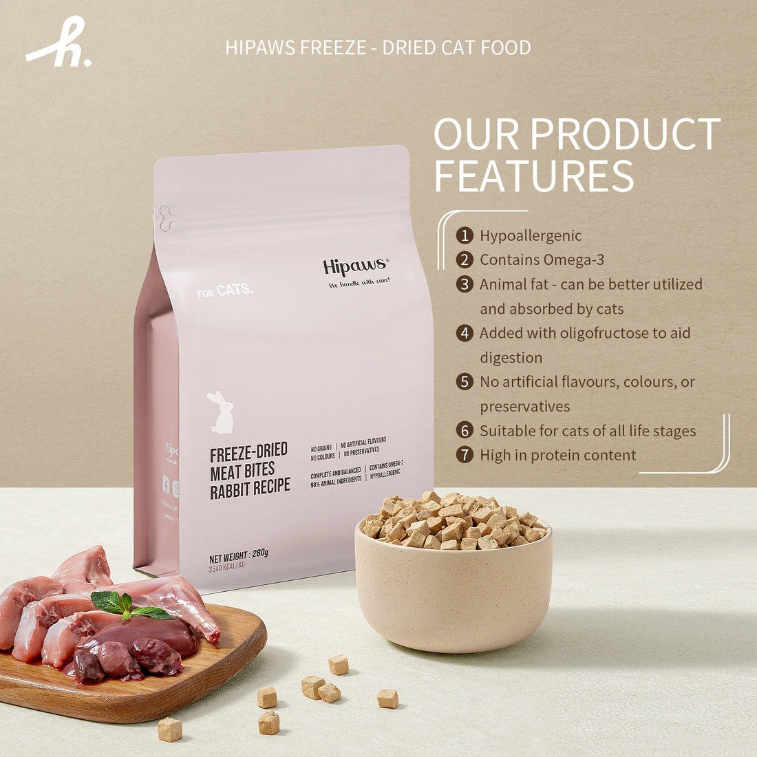 Hipaws Complete Natural Rabbit Recipe Freeze-Dried Cat Food Treats Toppers 280g, Hypoallergenic No Grain Fresh Rabbit; Freeze Dr