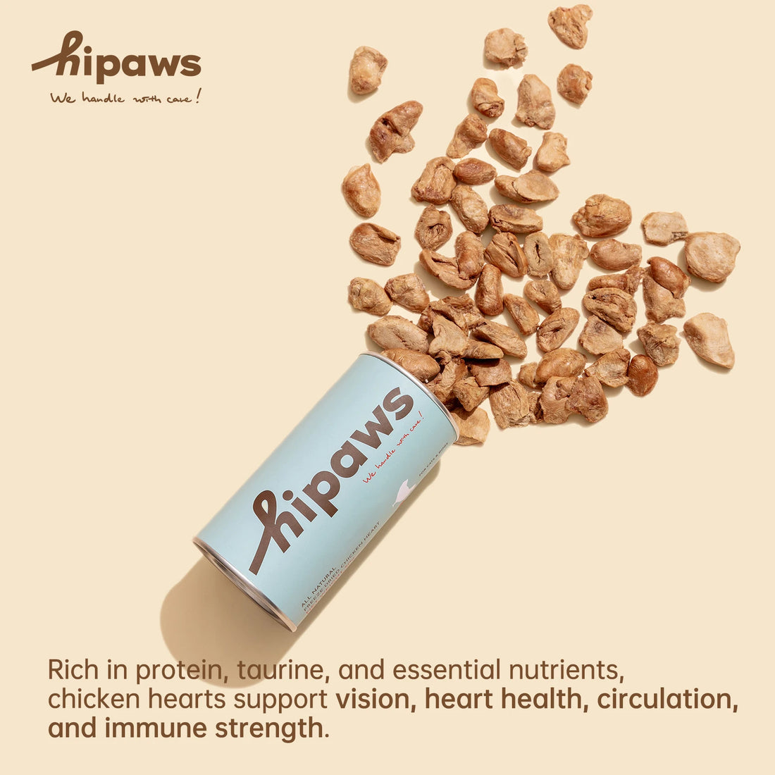 Hipaws All Natural Chicken Heart Freeze-Dried Cat Treats Toppers (50g Tube), Fresh Chicken Heart Dog Treats