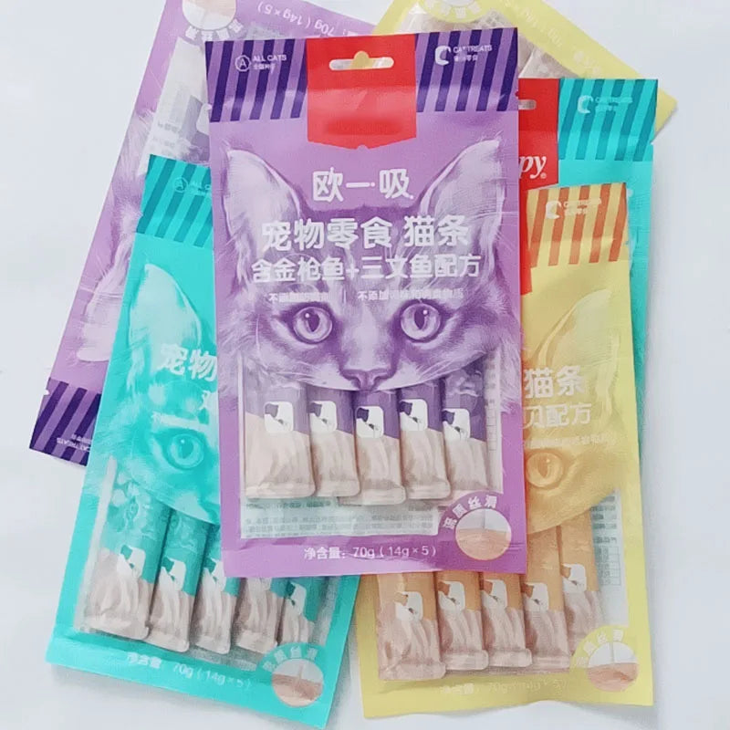 5X Pet Snacks Cat Strips, Young Cat Wet Food, Pack Cat Liquid Snacks, Pudding Tuna Shrimp Chicken Formula, Mixed Flavor 70g/bag