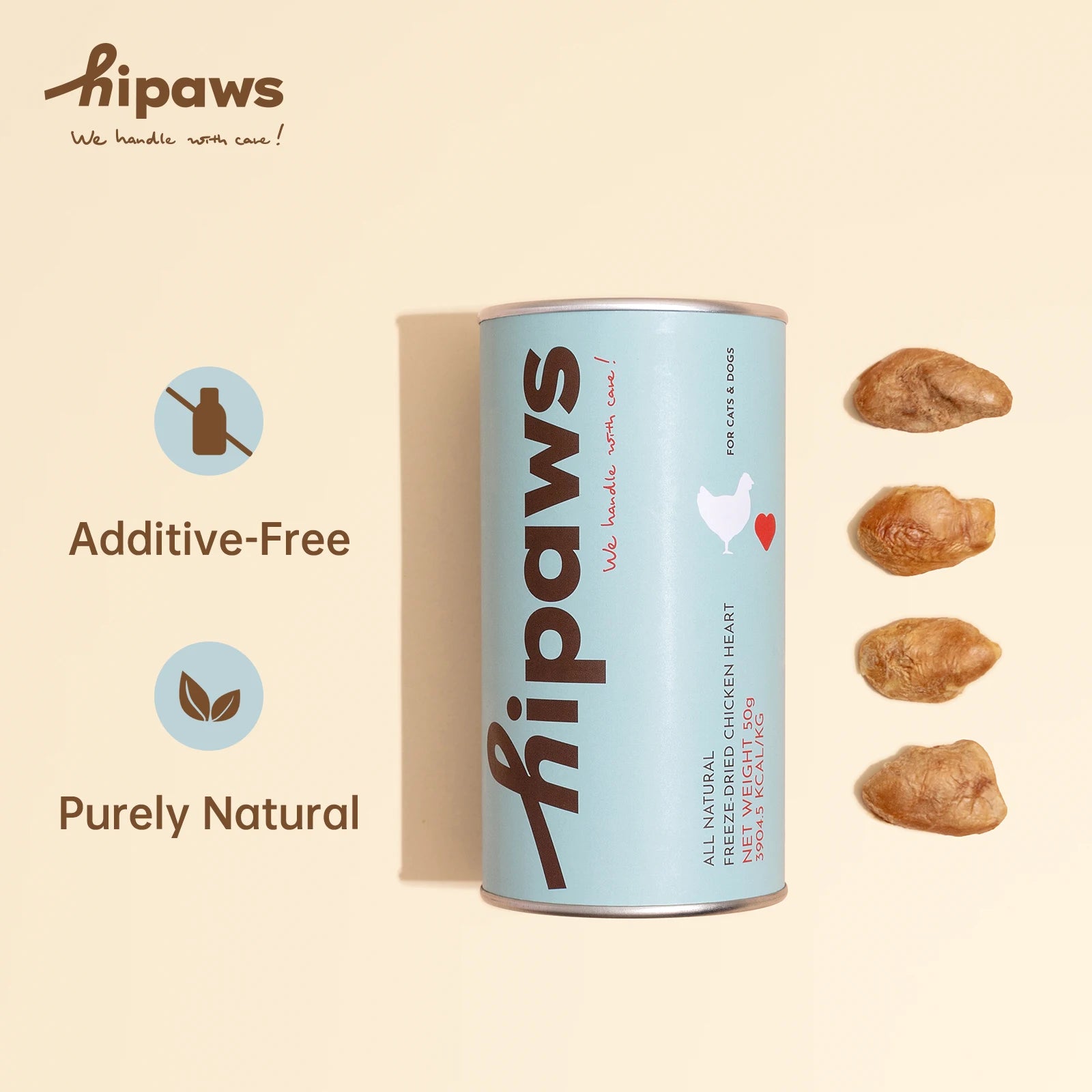 Hipaws All Natural Chicken Heart Freeze-Dried Cat Treats Toppers (50g Tube), Fresh Chicken Heart Dog Treats