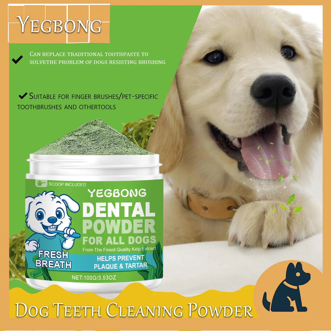 Yegbong 100g Dog Teeth Cleaning Powder | Gentle Tartar Remover, Bad Breath Freshener | Oral Odor Control & Gum Care for Dogs